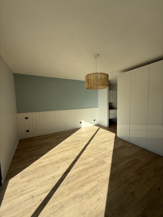 Peinture bicolore : vert sauge et soubassement en lambris blanc